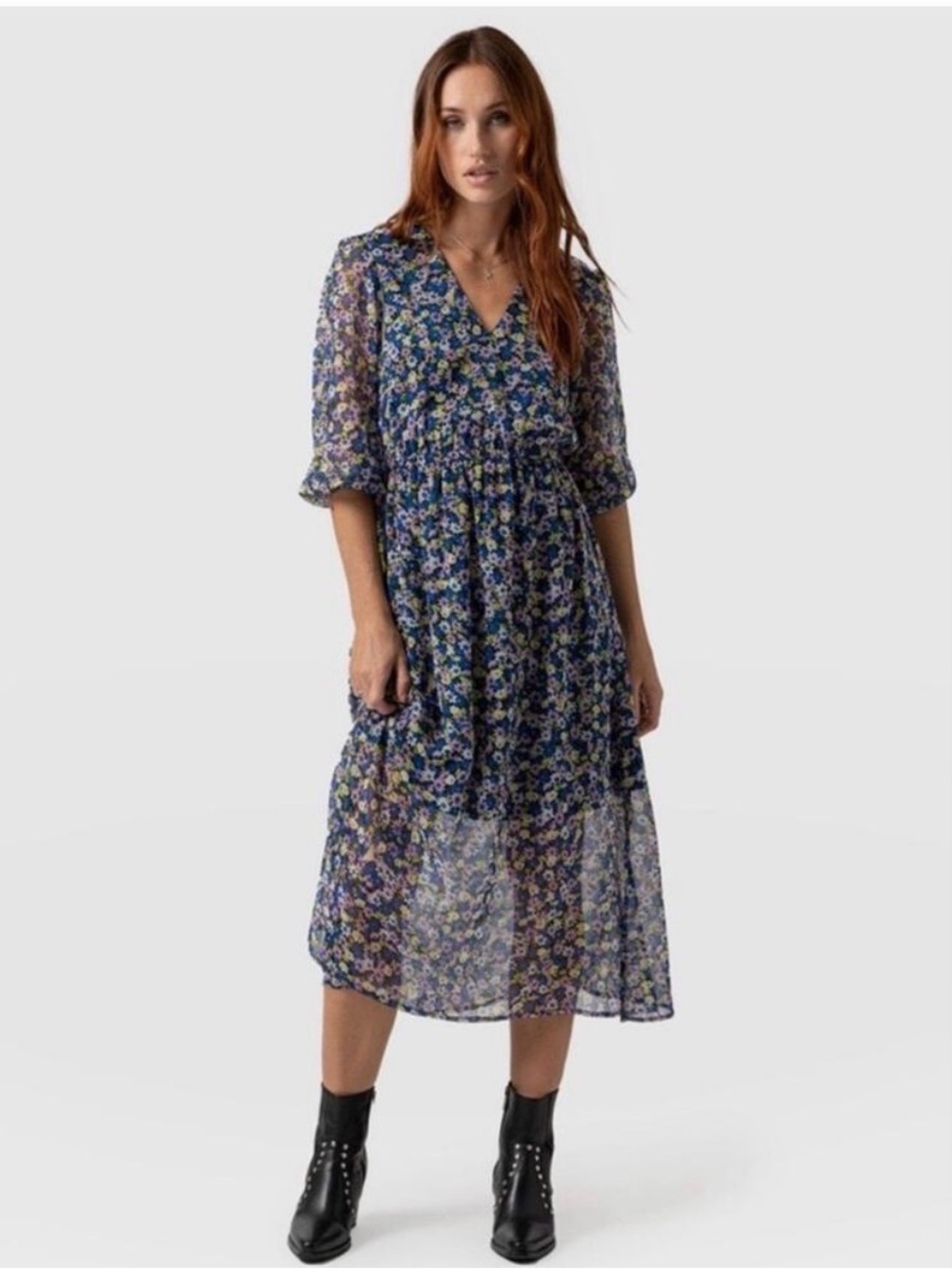 Saint + Sofia Portland Blue Floral Midi Dress Size 10 New With Tags